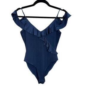 TopShop Cold Shoulder Ruffle Wrap Bodysuit Blue Size 4 Snap Bottom V Neck